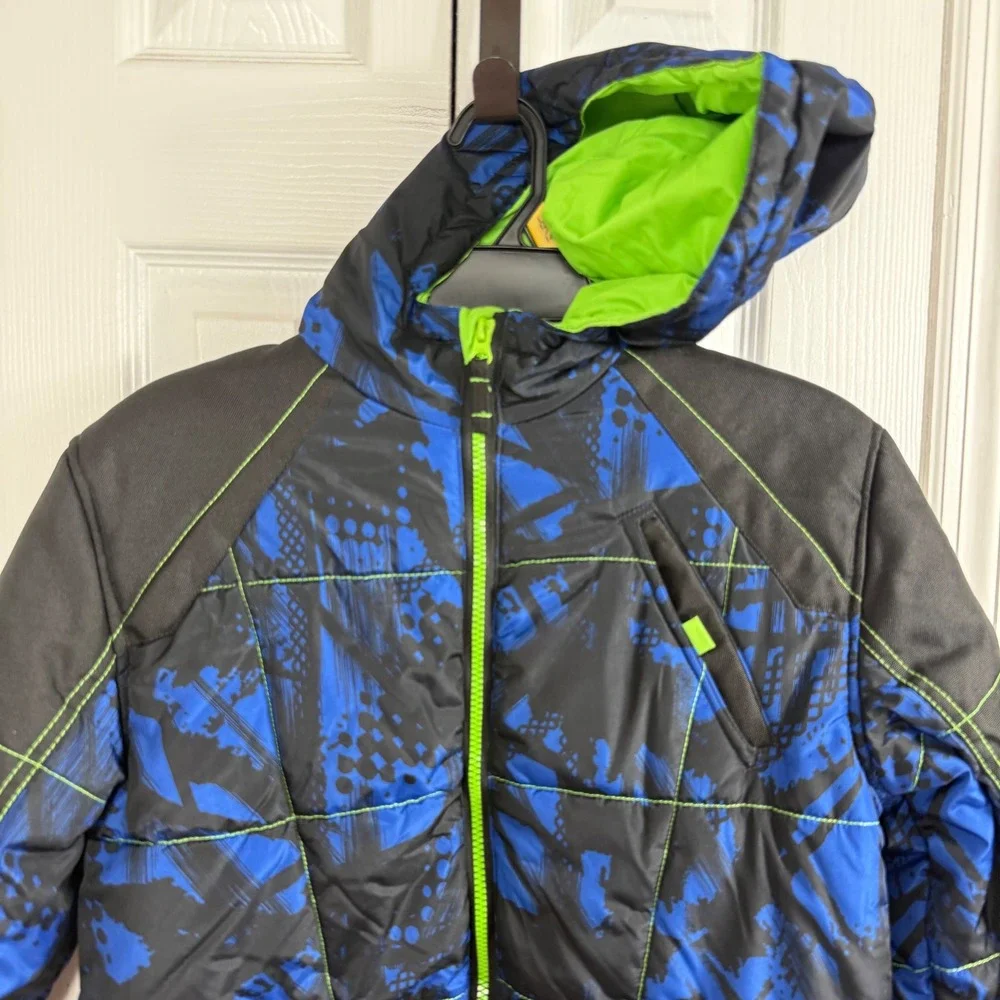 HK58 Hawke & Co Boys XL 14/16 Puffer Jacket Blue Black Neon Green Hooded Coat